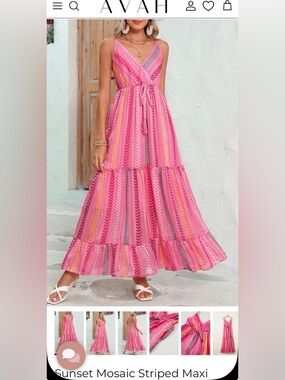 Avah Pink Mosaic Striped Tiered Maxi Skirt